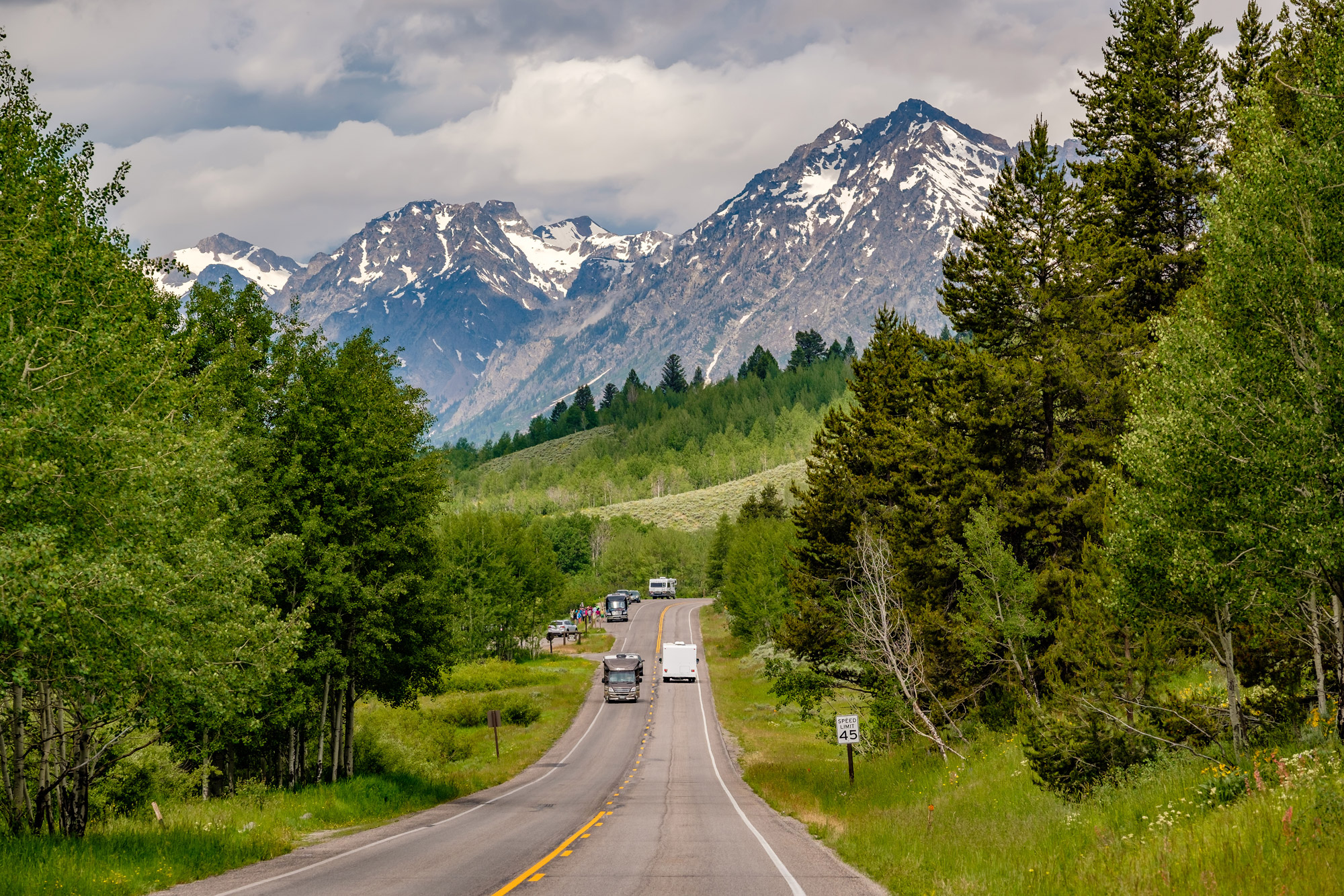 RVers drive through Grand Teton on summer RV trips for families