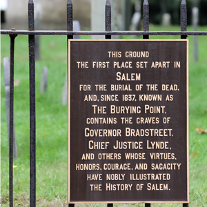 Sign outside The Burying Point cemetery in Salem. This is a great place for Halloween RVing