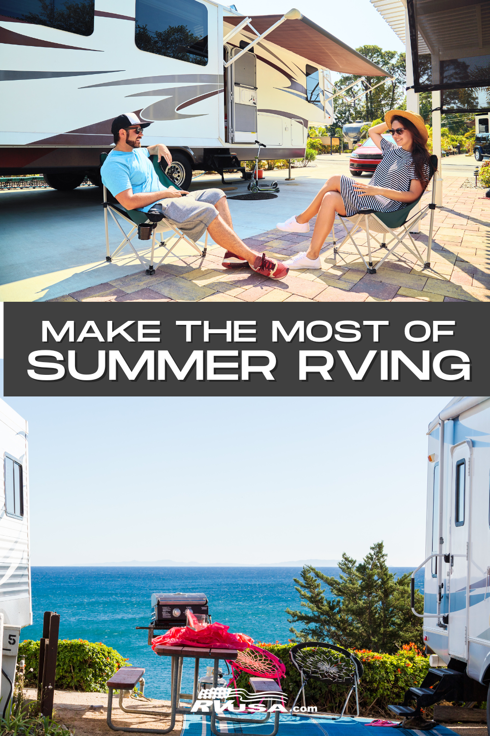 Photos of two different setups for summer RV travels. Text reads "Make the most of summer RVing"