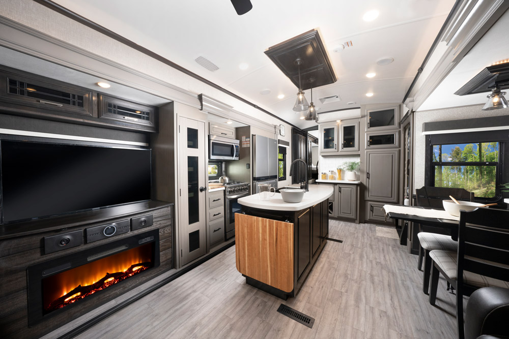 The interior of a Jayco Pinnacle, one of the best RVs for tall people