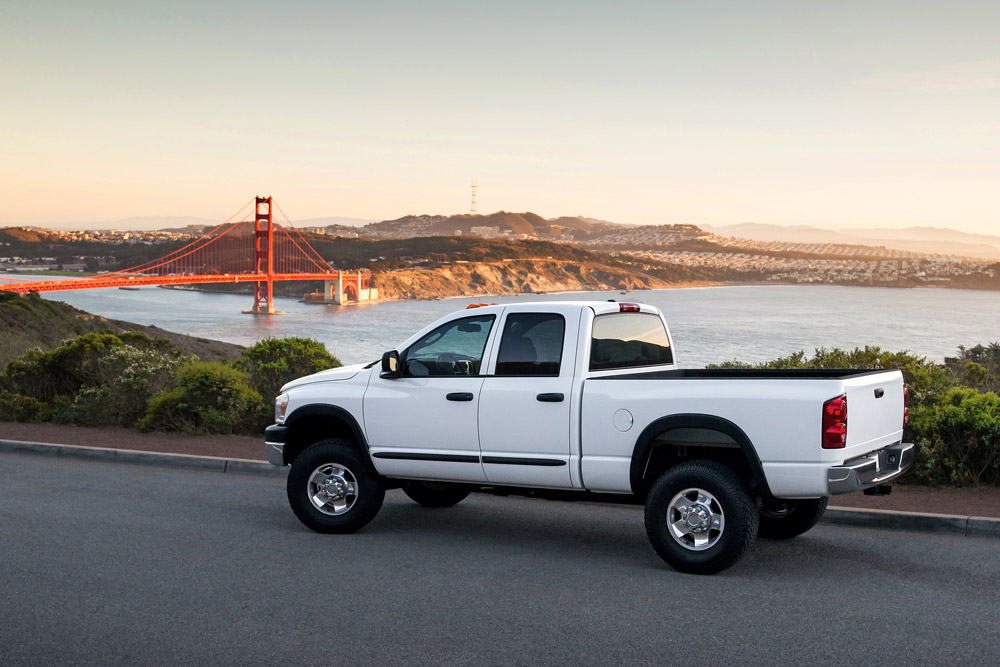 A Ram 1500 parked in front of the Golden Gate Bridge. This is a great truck for towing 7000 lb. travel trailers.