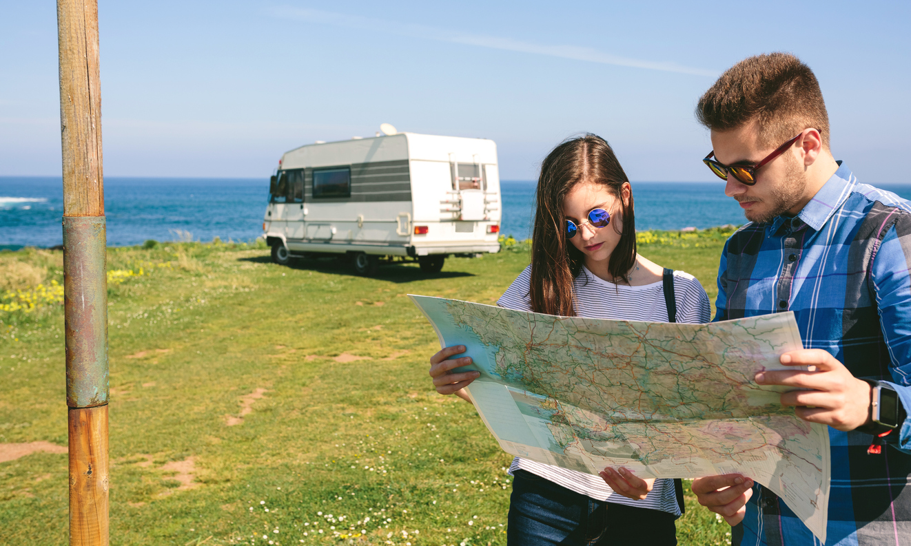 Couple works on RV travel planning