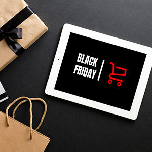 An iPad reads "black friday" as shoppers get ready for Black Friday RV accessory shopping