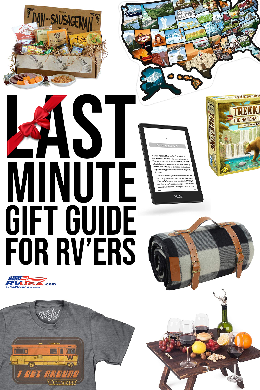 A graphic displays a variety of items that can be purchased as last minute RV gifts