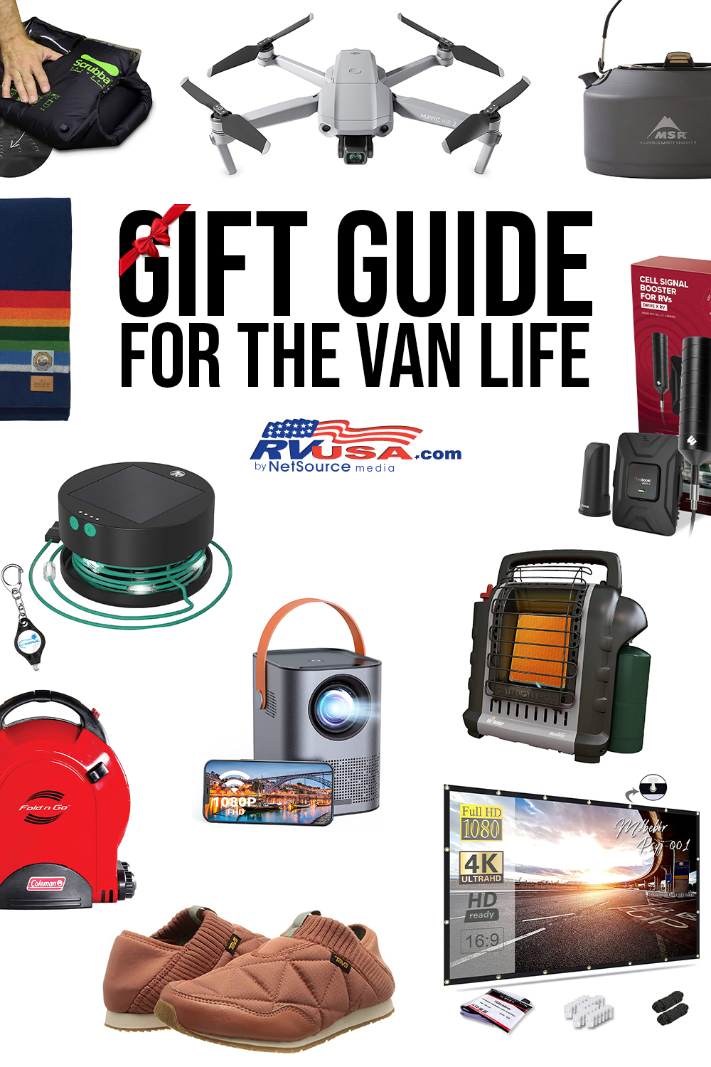 A collage of items for a van life gift guide