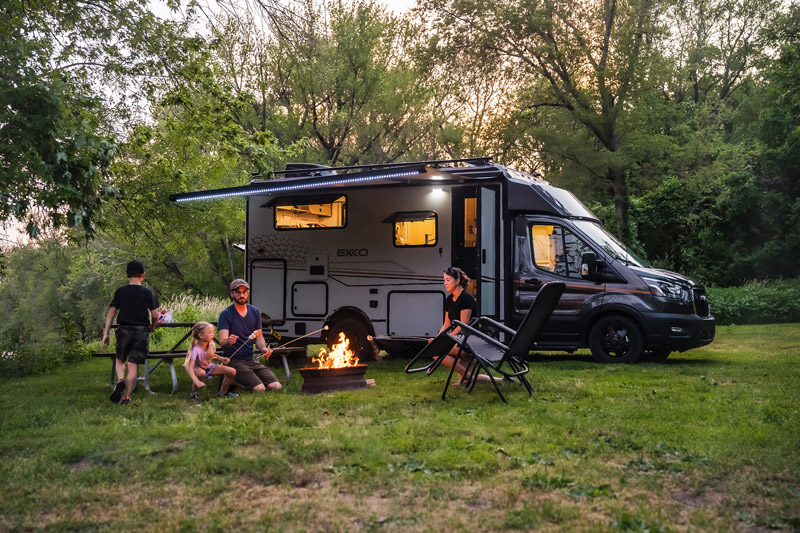 A family camps outside a Winnebago EKKO, one of the hottest RVs for 2022