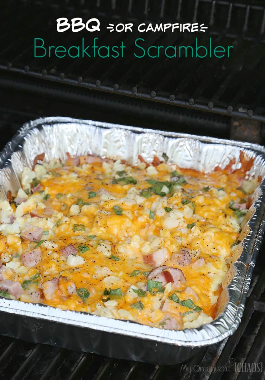 Casseroles are one of the best camping breakfast ideas. This photo shows a BBQ breakfast scrambler