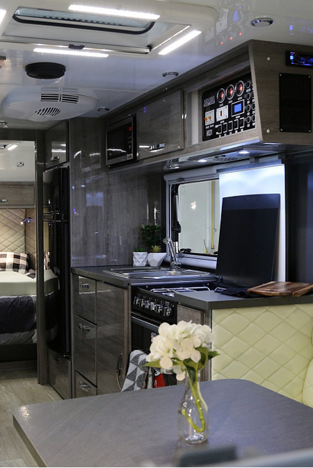The kitchen area of a Black Series HQ21 overland trailer