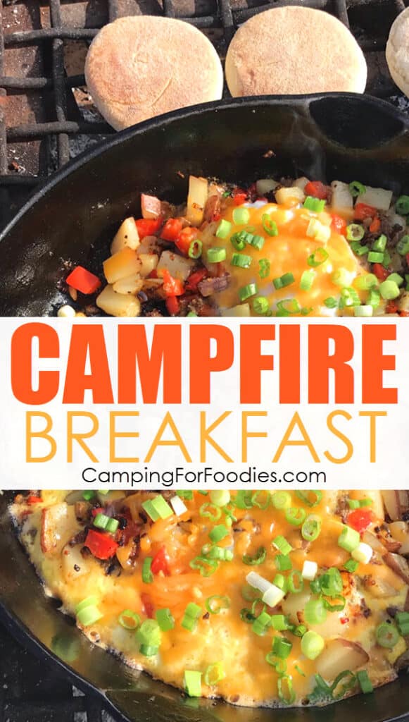 A skillet filled with breakfast ingredients. This hash is one of our favorite camping breakfast ideas