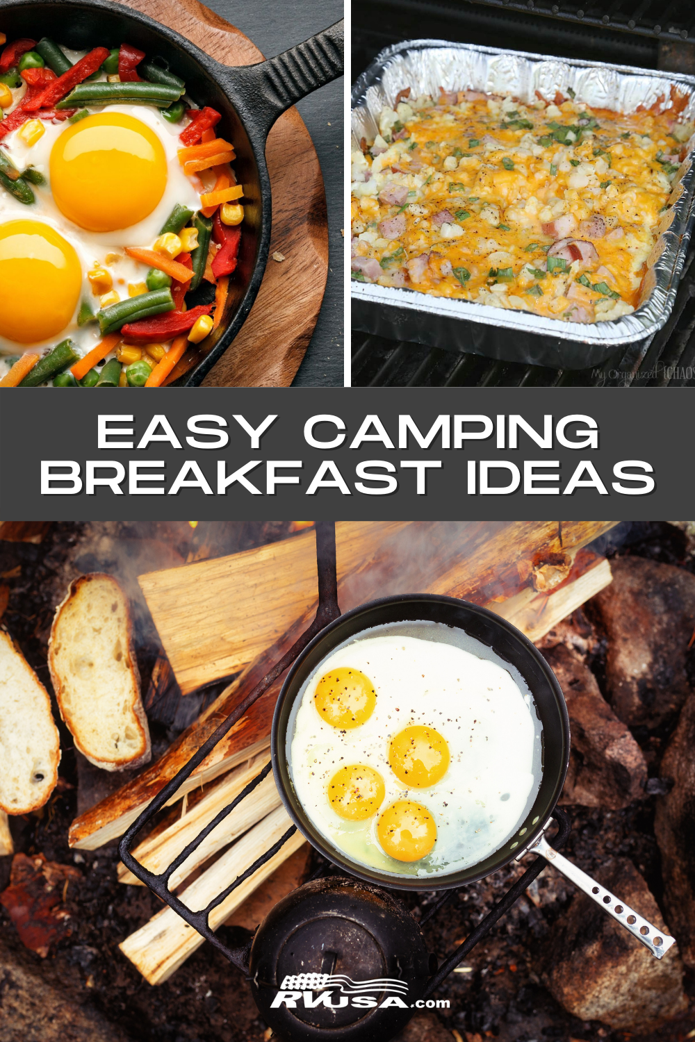 Images of breakfast being cooked over a campfire with the text "Easy Camping Breakfast Ideas"