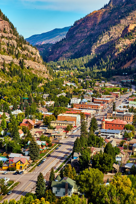 Overhead view of the historic mining town of Ouray, Colorado, a great place for a couples trip
