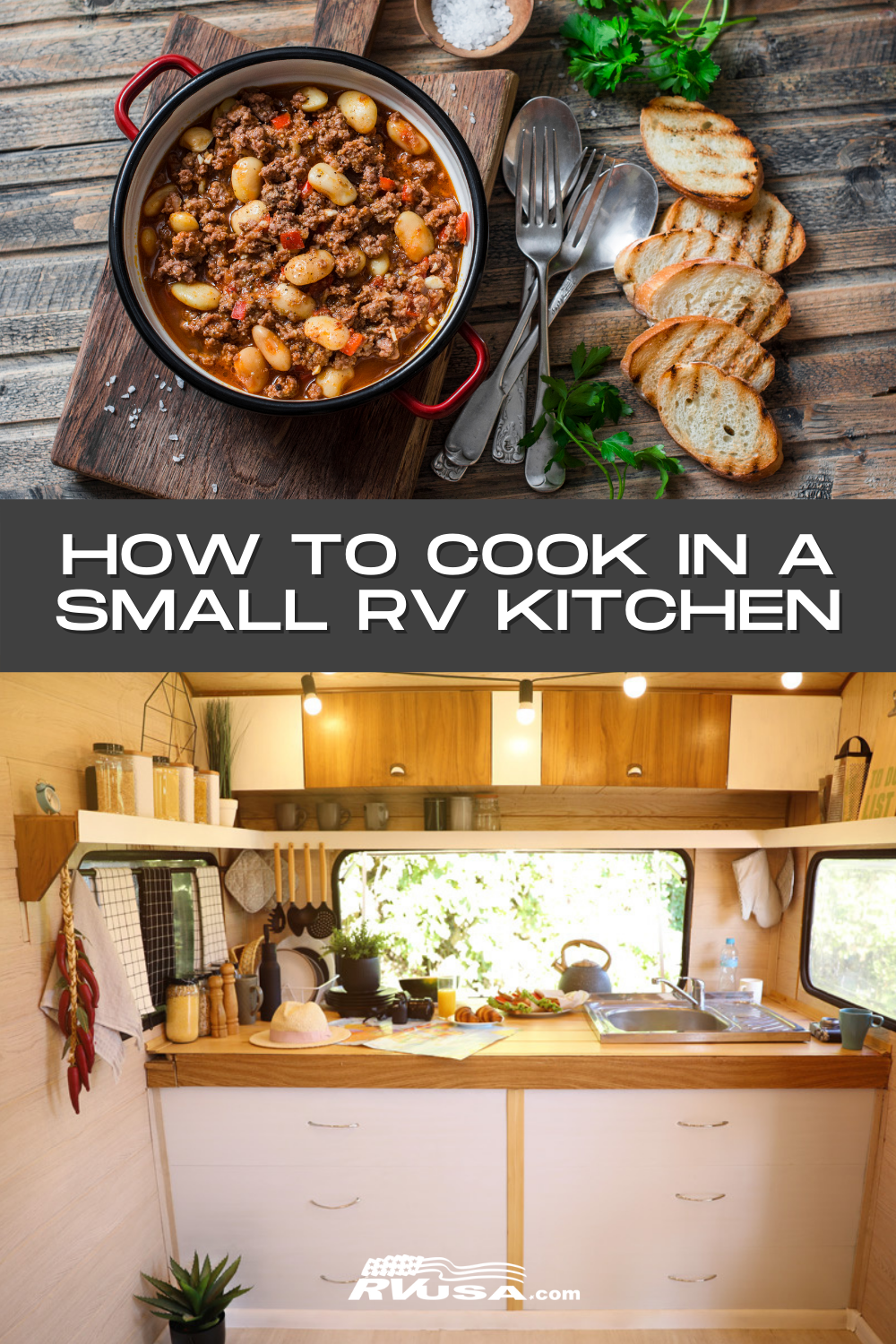 An image of a meal made with RV kitchen cooking, along with an image of an RV kitchen.