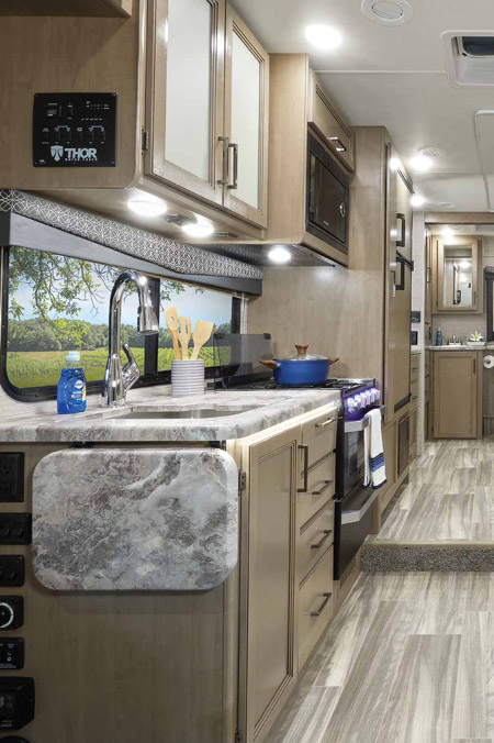 The kitchen of a Thor Motor Coach Four Winds