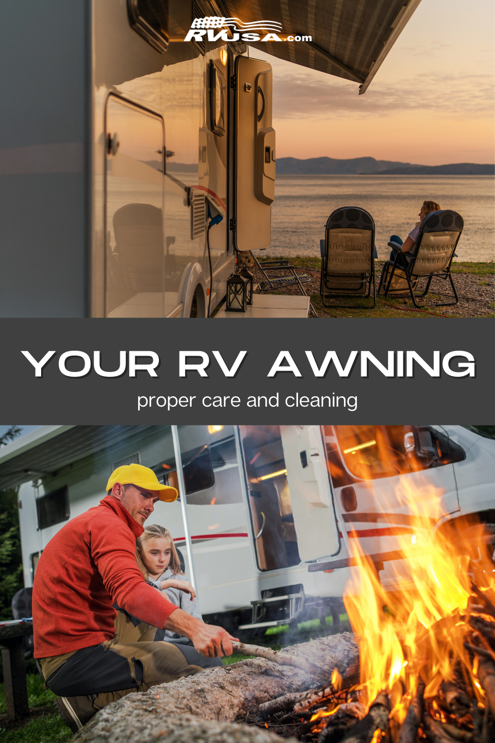 Two photos of RV awning care with the text "Your RV Awning: proper care and cleaning"