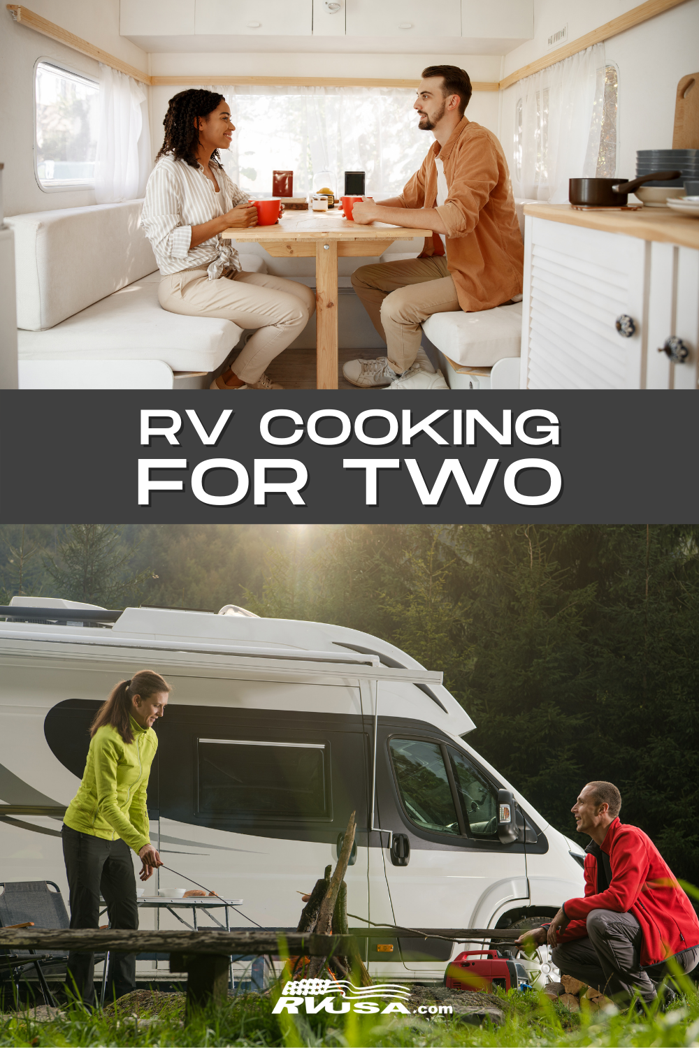 One couple sits inside their RV while another couple cooks over the campfire outside. Text reads "RV Cooking for Two"