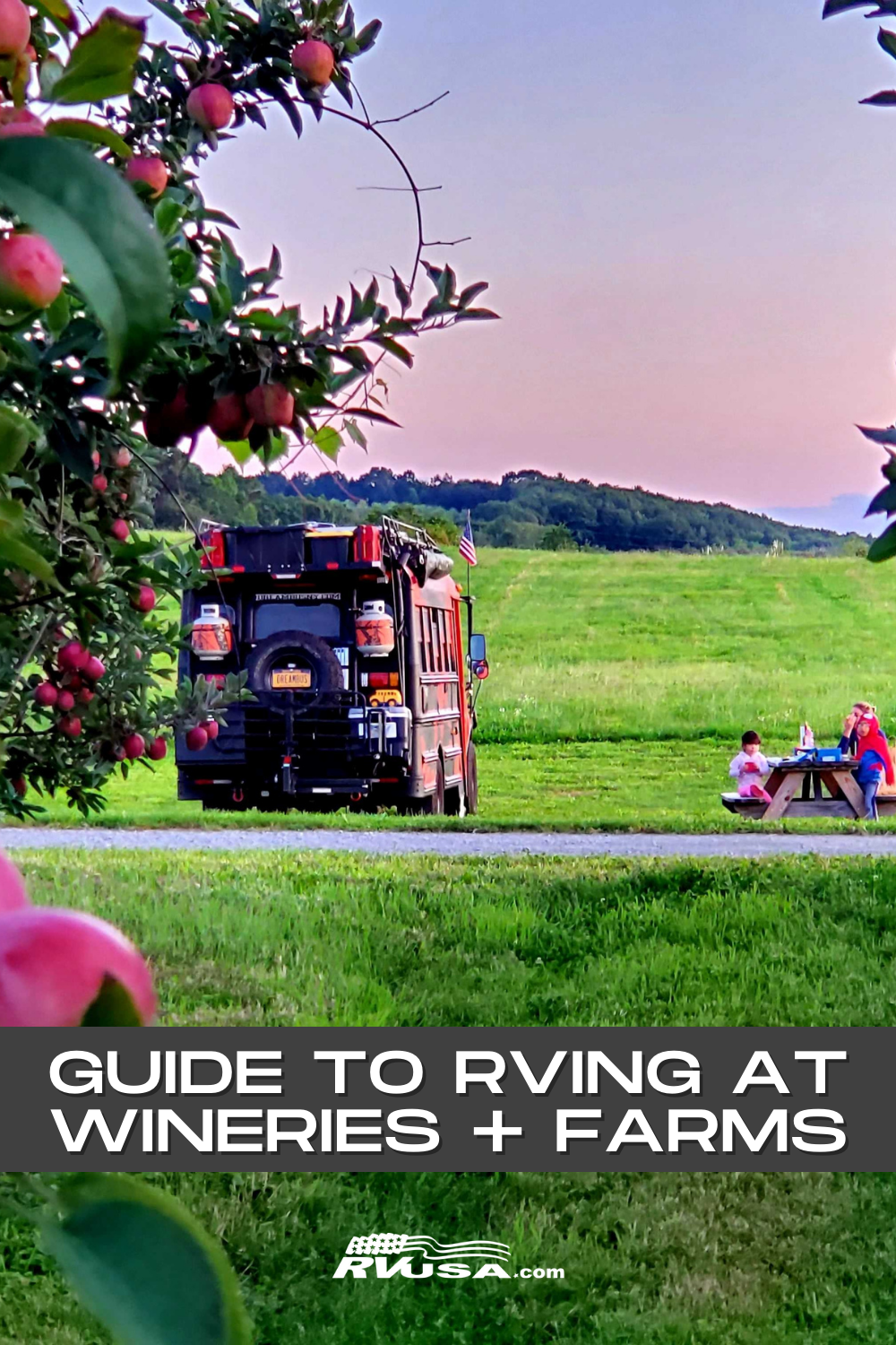 A skoolie camps near apple trees. Text reads "Guide to RVing at wineries and farms"