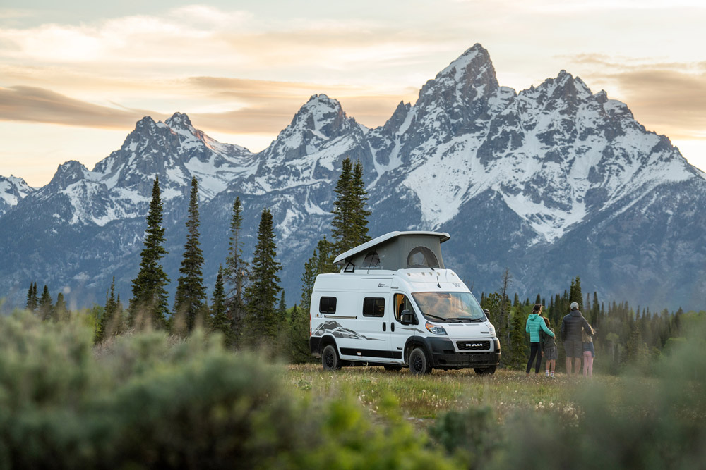 A new NPF version of this Winnebago Class B sits parked in front of the Grand Tetons. This was one of the big newsmakers at the 2022 Hershey RV Show